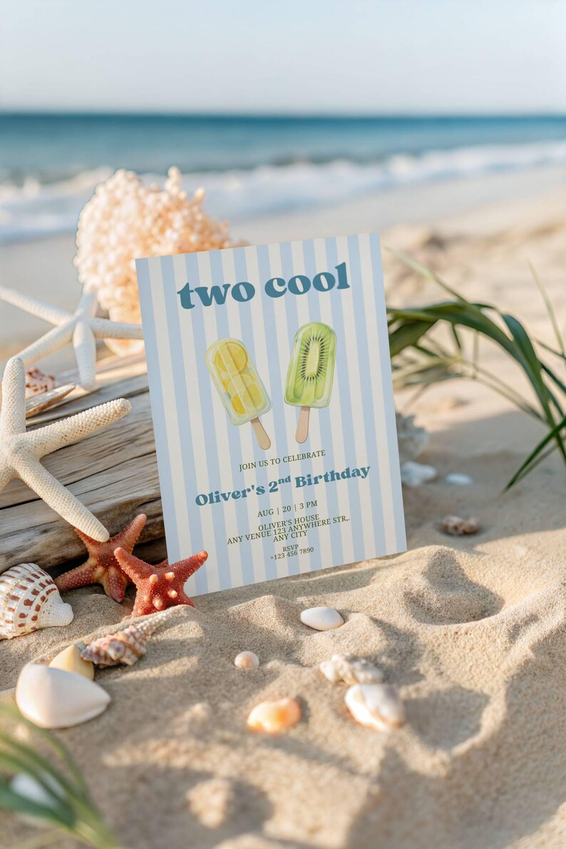 May include: A rectangular birthday invitation card with light blue and white vertical stripes. The text reads two cool, Oliver's 2nd Birthday, and event details. Two popsicle illustrations, one lemon and one kiwi, are centered on the card.