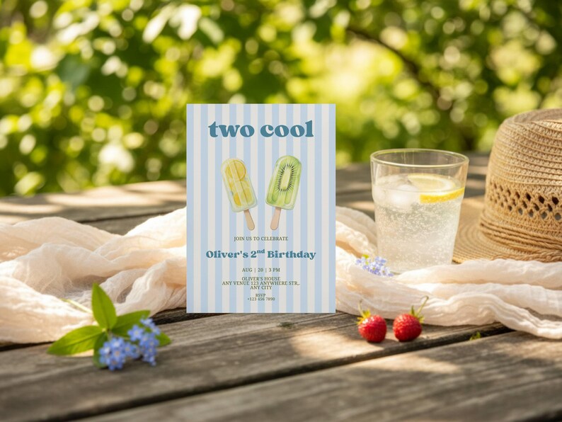 May include: A rectangular birthday invitation card with a light blue and white vertical striped background. The text reads two cool, Join us to celebrate Oliver's 2nd Birthday, Aug 28 | 3 PM, Oliver's House, Any Venue 123 Anywhere Str, Any City, RSVP +123 456 7890.