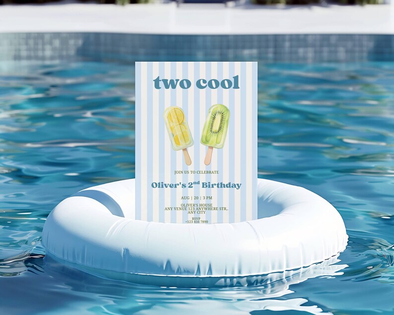 May include: A rectangular birthday invitation card with light blue and white vertical stripes. The text reads two cool, Oliver's 2nd Birthday, Aug 20, 3 PM, Oliver's House, Any Venue 123 Anywhere Str, Any City, RSVP +123 456 7890. Features two fruit popsicles.