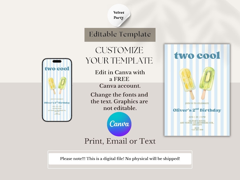 May include: An editable digital invitation template featuring a light blue striped background with two popsicle illustrations and the text two cool Oliver's 2nd Birthday. The template is displayed on a smartphone screen and a vertical card format.