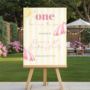 Välkomstskylt med solsken, 1-årsfödelsedagsflicka, sommarsolsken, rosa randig poolparty, utskrivbar affisch, redigerbar Canvas-mall, nedladdningsbar fil