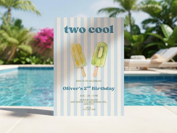 Two Cool Boy Summer Birthday Invitation Popsicle Second Birthday Invite Summer Sunchine Party Editable Template Printable Evite Digital