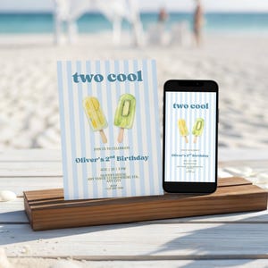 May include: A rectangular birthday invitation card and a smartphone displaying the same design, both featuring light blue and white vertical stripes, two popsicle illustrations, and the text "two cool" and "Oliver's 2nd Birthday".