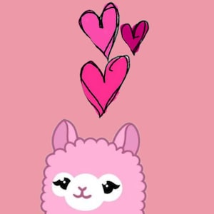 Könnte beinhalten: Eine rosa Illustration eines flauschigen Lamas mit einem lächelnden Gesicht und drei rosa Herzen darüber. Das Lama hat einen hellrosa Körper, Ohren und Gesicht, mit schwarzen Augen und einer weißen Schnauze. Der Hintergrund ist einfarbig rosa.