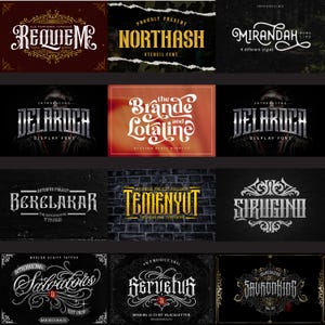 May include: A collection of various font designs, each with a unique style. The fonts include "Requiem," "Northash," "Mirandah," "Delaroca," "Brande and Lotaline," "Berelakar," "Temenyut," "Sirugino," "Salvators," "Servetus," and "Savooking."