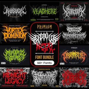 Puede incluir: Una colección digital de diseños de fuentes de heavy metal con varios logotipos estilizados en colores que incluyen blanco, verde, naranja y rojo. El gráfico central muestra el texto HEAVY METAL FONT BUNDLE 50+ Fonts dentro de un marco rojo.