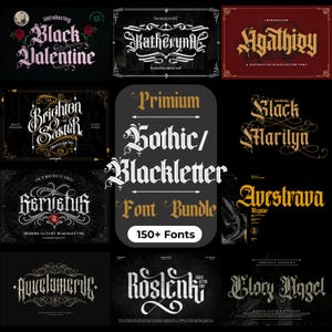 Pode incluir: Uma coleção digital de tipografia gótica e blackletter com mais de 150 fontes. A exibição inclui vários exemplos de texto estilizado, como Black Valentine, Katheryna, Agathioy, Brighton Saster, Black Marilyn, Servetus, Avestrava, Auvelamerde, Roslenk e Glory Angel, apresentados em um layout de grade.