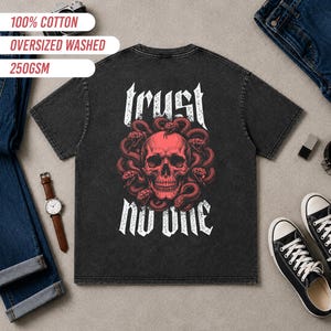 Trust No One Skull T-Shirt, Snow Washed Oversized Cotton T-Shirt, Gothic Streetwear Tee, Snake Skull Graphic Shirt, Unisex Washed Tee