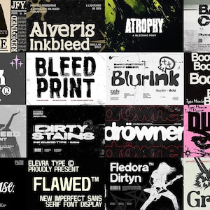 May include: A digital collection of sixteen distinct graphic design font samples displayed in a grid. Each square features unique typography styles including serif, sans-serif, and display fonts with distressed, ink-bleed, and grunge textures.
