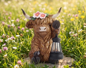 Highland Cow Resin Garden Figurine,Solar-Powered Light,Flower Crown Cow Outdoor Decor,Whimsical Solar Light Yard Ornament,Gift for Him