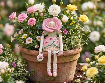 Sweet Pink Rose Flower Fairy Figurine,Cute Hand‑Painted Detachable Tea‑Set Resin Ornament,Whimsical Backyard Outdoor Gift For Gardeners
