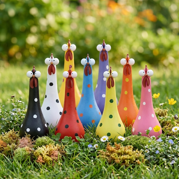 Statua in resina di gallina dal collo lungo a pois colorati, simpatica statuetta di gallo dagli occhi grandi, decorazione stravagante per giardino e cortile, ornamento per interni ed esterni.