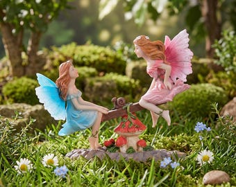 Two Fairies on Seesaw Resin Statue,Whimsical Mushroom Figurine,Enchanted Garden Decor,Blue & Pink Fairy Sculpture,Fairycore Home Ornament