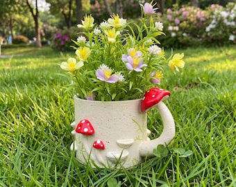 Cute Mushroom Handle Resin Planter,Speckled Beige Pot,Whimsical Toadstool Plant Container,Fairy Garden Decor,Cottagecore Home Ornament