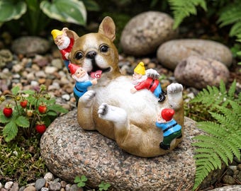 Playful French Bulldog & Garden Gnomes Resin Statue,Whimsical Dog Gnome Figurine,Funny Yard Decor,Festive Home Ornament,Cute Pet Lover Gift