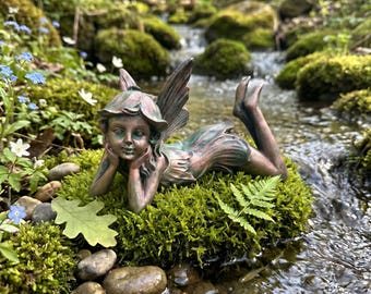 Lying Fairy Girl Resin Statue, Bronze‑Patina Garden Fairy Figurine,Whimsical Yard Ornament,Woodland Lawn Decor,Enchanted Outdoor Sculpture