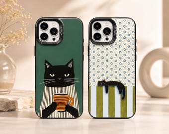 Funda para iPhone con diseño artístico de gato negro, funda de silicona suave estilo cottagecore (iPhone 11-17)