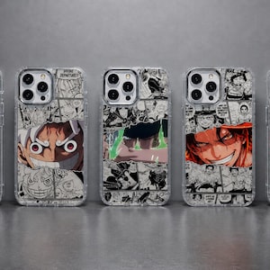 May include: Five clear smartphone cases featuring a collage of black and white manga panels. Each case highlights a different character with vibrant colour accents, including yellow, red, and green, integrated into the comic book style artwork.