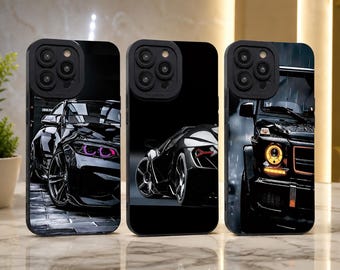 Funda para teléfono negra con diseño de coche de carreras y cubierta mate para coche deportivo.