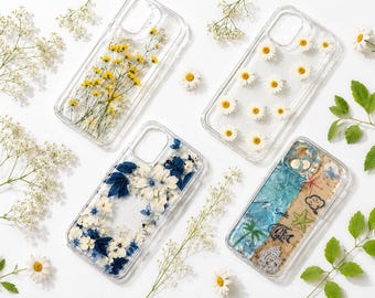 Funda para iPhone con flores prensadas reales, cubierta botánica de naturaleza seca, parachoques a prueba de golpes