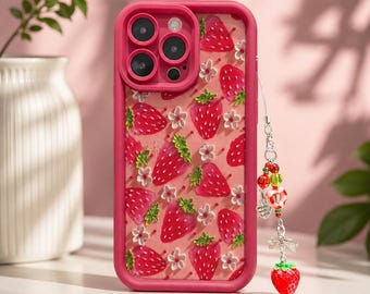 Funda para iPhone con diseño de flores de fresa – Arte frutal estilo cottagecore con cadena colgante