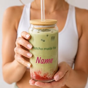 Personalized Matcha Glass, Custom Iced Coffee Glass, Bamboo Lid & Straw, Matcha Lover Gift, Aesthetic Drinkware, personalized present