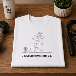 Könnte beinhalten: Ein weißes T-Shirt mit einer schwarzen Strichzeichnung einer Person, die an einem Stapel Hantelscheiben und einer Kettlebell vorbeiläuft. Unter der Grafik steht der Text STRENGTH. ENDURANCE. DISCIPLINE. in einer fetten, serifenlosen schwarzen Schrift.