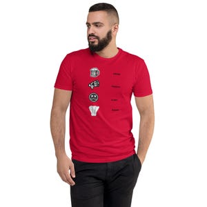 Puede incluir: Camiseta roja con un diseño gráfico que presenta una jarra de cerveza, un megáfono, una cara durmiente y una servilleta doblada. Las palabras "Drink, Support, Sleep, Repeat" están impresas verticalmente a la derecha.