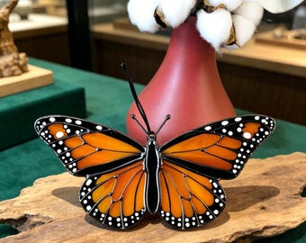Handmade Orange Monarch Butterfly Suncatcher, Stained Glass Window Hangings, Sentimental Gift For Mother, Minimalist Wall Decor