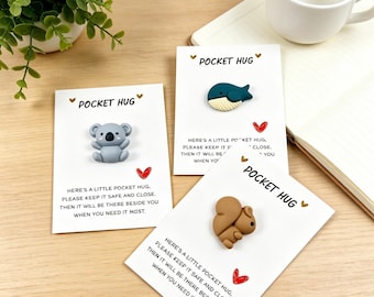 Carte animal câlin dans une poche, joli câlin de poche écureuil koala baleine, cadeau pense à vous, carte de réconfort, jeton câlin de poche, cadeau d'encouragement