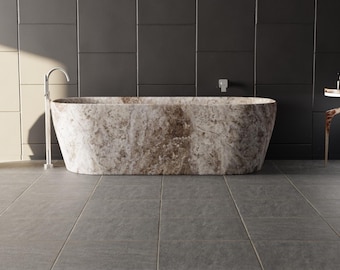 Freestanding Stone Bathtub | Cove | Silver Travertine – Hand Carved Luxury Soaking Tub – Custom Size