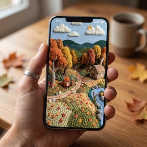 May include: A smartphone displays a detailed, textured landscape scene. The artwork depicts an autumn forest with orange and yellow trees, a small house, a fox, and a winding path. The sky is light blue with white clouds and a sun. The phone is held in a hand.