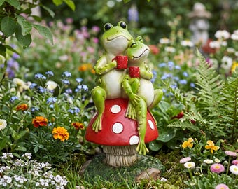Grillig koppel kikker op paddestoel standbeeld, handgeschilderd hars tuinbeeldje, weerbestendig tuindecor, lief cadeau voor natuurliefhebbers