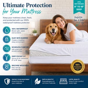 May include: A white mattress protector on a bed, with text reading "Ultimate Protection for Your Mattress." Features include waterproof, dust mite barrier, and deep pocket fit for mattresses 8 to 18 inches deep. A woman and a golden retriever are on the bed.