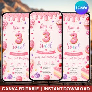 Può includere: Un modello di invito digitale per compleanno a tema rosa con glassa che cola, cupcake, ciambelle e macaron. Il testo recita: Kim is 3 Sweet, Join us to celebrate, Kim's 3rd Birthday, August 20 at 5 PM, 12 Naples St, Dallas, TX, RSVP to Mark at 123.456.7890.