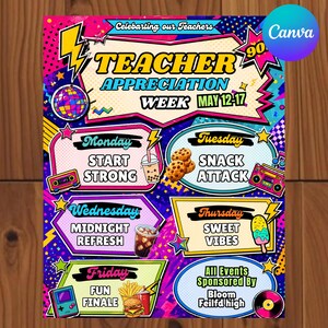 May include: A colorful Teacher Appreciation Week poster with a retro design. The poster includes the text "Teacher Appreciation Week May 12-17" and daily themes like "Snack Attack" and "Fun Finale". The design features illustrations of snacks, drinks, and a retro boombox.