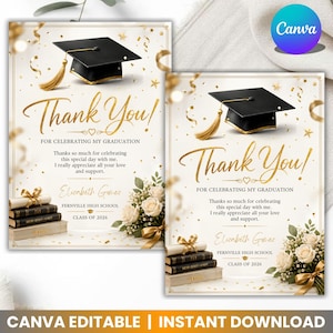Könnte beinhalten: Eine Vorlage für eine Dankeskarte zur Abschlussfeier mit einem schwarzen Doktorhut mit goldener Quaste, goldenem Konfetti und einem Strauß weißer Rosen. Der Text lautet Thank You! FOR CELEBRATING MY GRADUATION, Elizabeth Gomez, FERNVILLE HIGH SCHOOL, CLASS OF 2026.