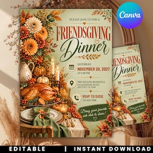 Friendsgiving Dinner Invitation, Thanksgiving Potluck Invite, Editable Canva Template for Friends & Family