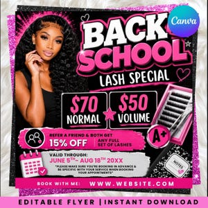 Back to School Lash Sale Flyer Template , Editable Lash Tech Promo Flyer , Beauty Business Marketing , Eyelash DIY text, instant doenload