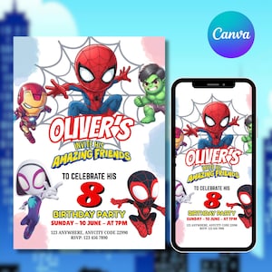 May include: A birthday party invitation featuring Spider-Man and other Marvel characters. The invitation includes the text "Oliver's Invite His Amazing Friends to Celebrate His 8th Birthday Party". The date and time are also included.