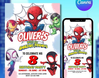 Editable Spidey Birthday Invitation, Superhero Party Invite, Watercolor Spider Theme Editable Template, DIY text, Instant download