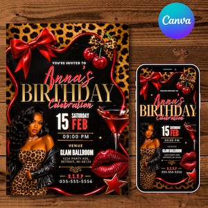 May include: A birthday invitation flyer featuring a leopard print background, a large red bow, and a pair of cherries. It displays text reading Anna's Birthday Celebration, Saturday 15 Feb, 09:00 PM, Glam Ballroom, 1234 Party Ave, Detroit, MI 48124, and RSVP 035-555-5556.