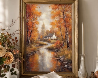 Autumn Landscape Wall Art, Fall Cottage Print, Orange Forest Painting, Rustic Country Decor