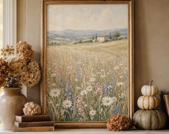 Wildflower Meadow Wall Art, Tuscan Countryside Print, Cottage Landscape, Neutral Floral Painting