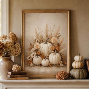 Neutral pumpaväggkonst, höstblommigt tryck, höstdekor i Cottagecore, rustikt skördekonstverk för Thanksgiving