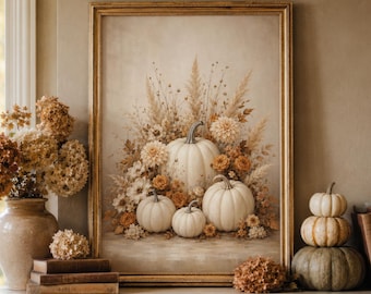 Neutral Pumpkin Wall Art, Autumn Floral Print, Cottagecore Fall Decor, Rustic Harvest Thanksgiving Artwork