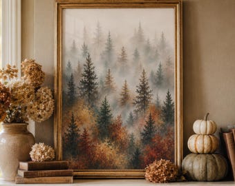 May include: A framed vertical wall art print depicting a dense forest landscape filled with pine trees in shades of green, orange, and brown, partially obscured by a thick layer of white mist, displayed in a gold-toned rectangular frame.