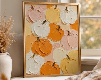 Pumpkin Wall Art, Autumn Oil Pop Art Painting Rustic Fall Print, Neutral Thanksgiving Decor, Cozy Seasonal Poster