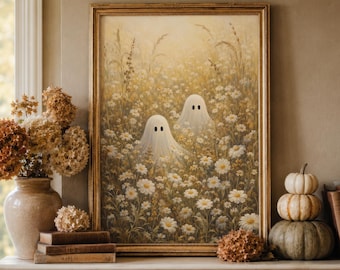 Two Ghosts In Wildflowers Field Wall Art, Halloween Print, Whimsical Autumn Spooky Cottagecore Fall Decor