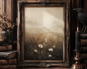 Mystical Silhouette In a Field of Wildflowers Wall Art, Moody Landscape Print, Dark Academia Gothic Decor Poster